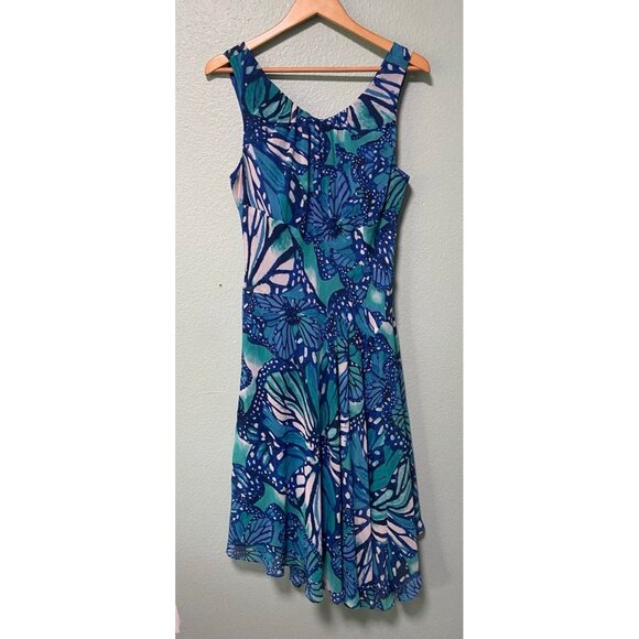 Vintage Evan Picone Women's Y2K Blue Floral Butterfly Dress Size 16 - Picture 1 of 9